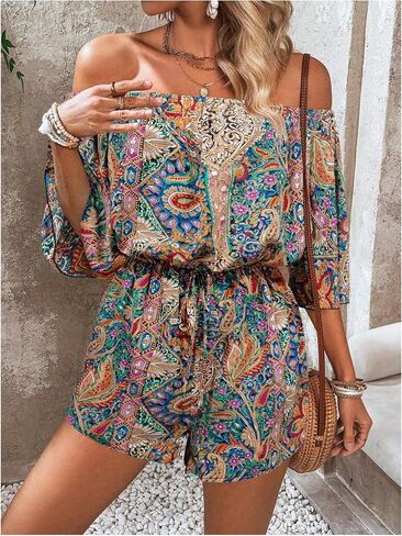 MakeMeChic Women's Summer Off Shoulder Rompers Tropical Print Half Sleeve Wide Leg Short Jumpsuit in Saudi Arabia