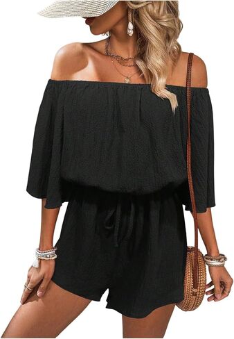 MakeMeChic Women's Summer Off Shoulder Rompers Tropical Print Half Sleeve Wide Leg Short Jumpsuit in Saudi Arabia