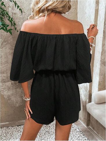MakeMeChic Women's Summer Off Shoulder Rompers Tropical Print Half Sleeve Wide Leg Short Jumpsuit in Saudi Arabia