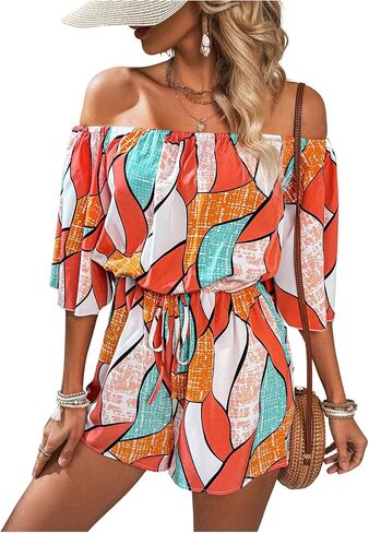 MakeMeChic Women's Summer Off Shoulder Rompers Tropical Print Half Sleeve Wide Leg Short Jumpsuit in Saudi Arabia