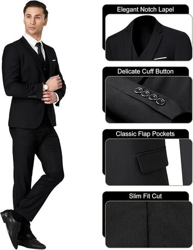 Men's Suit Slim Fit 3 Pieces Suit Set, Business Casual Suits for Men Two Button Soild Jacket Vest Pants Set with Tie in Saudi Arabia