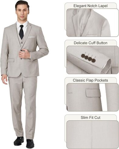 Men's Suit Slim Fit 3 Pieces Suit Set, Business Casual Suits for Men Two Button Soild Jacket Vest Pants Set with Tie in Saudi Arabia