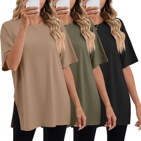 Huukeay 3 Pack Women's Oversized Gym T Shirts Short Sleeve Side Split Crewneck Tops Casual Workout Baggy Basic Tee in Saudi Arabia