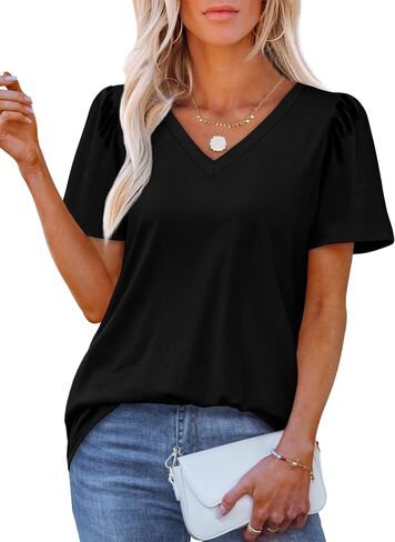 OFEEFAN T Shirts for Women V Neck Dressy Casual Blouses Puff Short Sleeve Summer Tops Loose Fit in Saudi Arabia