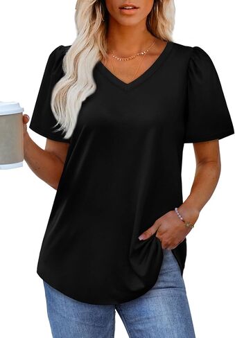 OFEEFAN T Shirts for Women V Neck Dressy Casual Blouses Puff Short Sleeve Summer Tops Loose Fit in Saudi Arabia