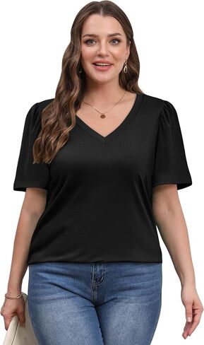 OFEEFAN T Shirts for Women V Neck Dressy Casual Blouses Puff Short Sleeve Summer Tops Loose Fit in Saudi Arabia