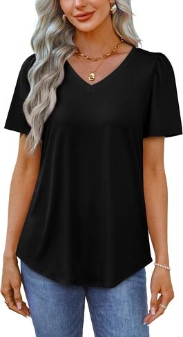 OFEEFAN T Shirts for Women V Neck Dressy Casual Blouses Puff Short Sleeve Summer Tops Loose Fit in Saudi Arabia