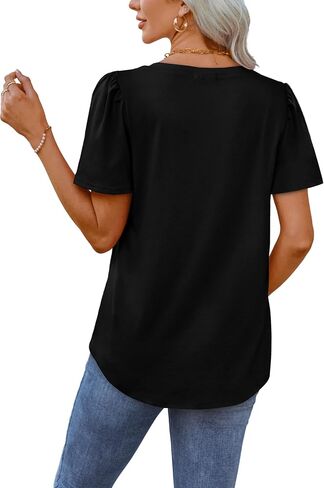 OFEEFAN T Shirts for Women V Neck Dressy Casual Blouses Puff Short Sleeve Summer Tops Loose Fit in Saudi Arabia