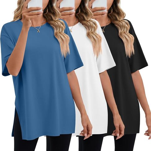 Huukeay 3 Pack Women's Oversized Gym T Shirts Short Sleeve Side Split Crewneck Tops Casual Workout Baggy Basic Tee in Saudi Arabia