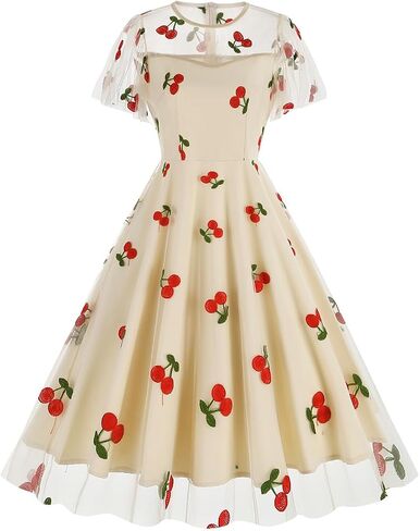ODIZLI Women's 1950s Retro Vintage Dress Short Sleeve Round Neck Heart Print Embroidery Ruffle Mesh Swing Dress in Saudi Arabia