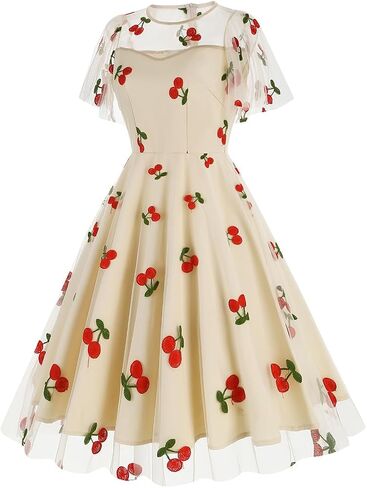 ODIZLI Women's 1950s Retro Vintage Dress Short Sleeve Round Neck Heart Print Embroidery Ruffle Mesh Swing Dress in Saudi Arabia
