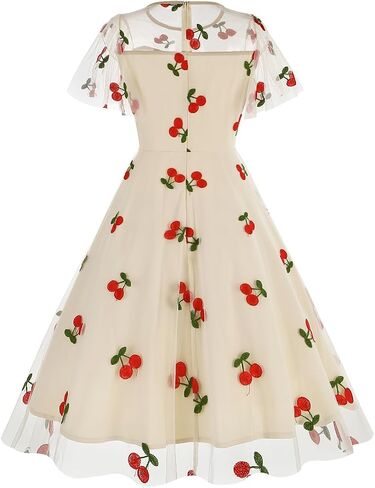 ODIZLI Women's 1950s Retro Vintage Dress Short Sleeve Round Neck Heart Print Embroidery Ruffle Mesh Swing Dress in Saudi Arabia