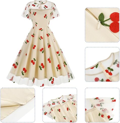 ODIZLI Women's 1950s Retro Vintage Dress Short Sleeve Round Neck Heart Print Embroidery Ruffle Mesh Swing Dress in Saudi Arabia