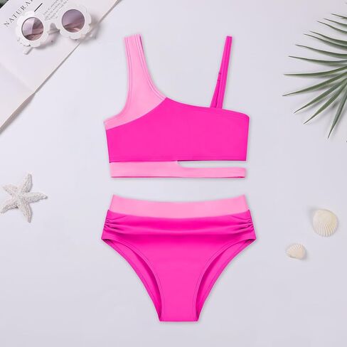 Girls 2 Piece Bathing Suits Kids Color-Blocking High Waist Bikini Set Teen Swimsuit Beach Swimwear for 3-16 Years in Kuwait