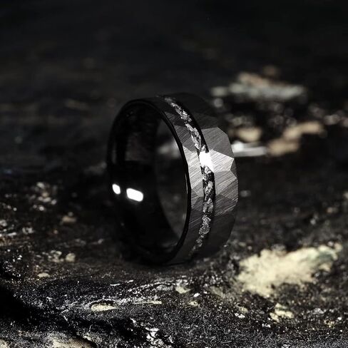 King Will 8mm Tungsten Carbide Opal Rings For Men Black Wedding Band Blue Opal Inlay Brushed Hammered Promise Rings Comfort Fit Size 7-14 in Kuwait