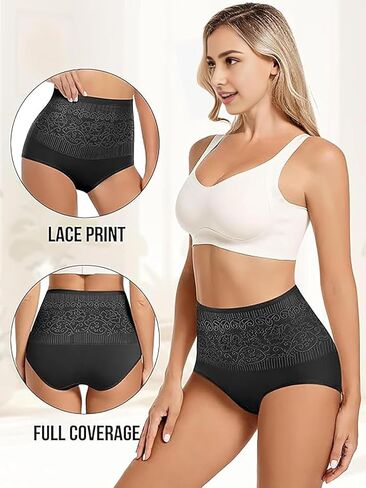 Women's Lace Trim High Waisted Cotton Underwear Full Coverage Ladies Panties Tummy Control Briefs 4 Pack in Saudi Arabia