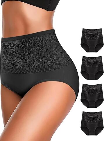 Women's Lace Trim High Waisted Cotton Underwear Full Coverage Ladies Panties Tummy Control Briefs 4 Pack in Saudi Arabia