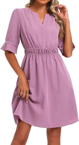 Loemes Womens Casual Work Drop Waist Sunresses Business V Neck Midi Ruffle Sleeve Solid Color Flowy Summer Dress with Pockets in Saudi Arabia
