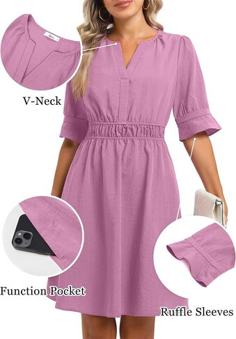 Loemes Womens Casual Work Drop Waist Sunresses Business V Neck Midi Ruffle Sleeve Solid Color Flowy Summer Dress with Pockets in Saudi Arabia