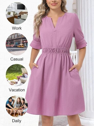 Loemes Womens Casual Work Drop Waist Sunresses Business V Neck Midi Ruffle Sleeve Solid Color Flowy Summer Dress with Pockets in Saudi Arabia