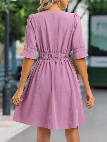Loemes Womens Casual Work Drop Waist Sunresses Business V Neck Midi Ruffle Sleeve Solid Color Flowy Summer Dress with Pockets in Saudi Arabia