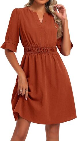 LOEMES Womens عمل عارضة قطرة الخصر Sunresses Business v الرقبة ميدي كشكش الأكمام الصلبة اللباس الصيفي تدفق مع جيوب in Kuwait