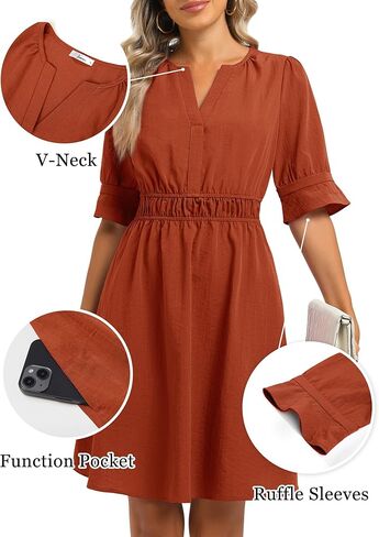 LOEMES Womens عمل عارضة قطرة الخصر Sunresses Business v الرقبة ميدي كشكش الأكمام الصلبة اللباس الصيفي تدفق مع جيوب in Kuwait
