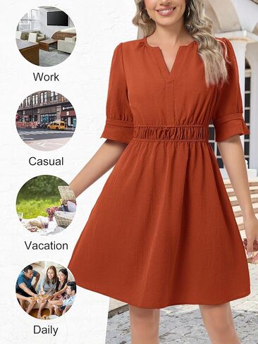 LOEMES Womens عمل عارضة قطرة الخصر Sunresses Business v الرقبة ميدي كشكش الأكمام الصلبة اللباس الصيفي تدفق مع جيوب in Kuwait