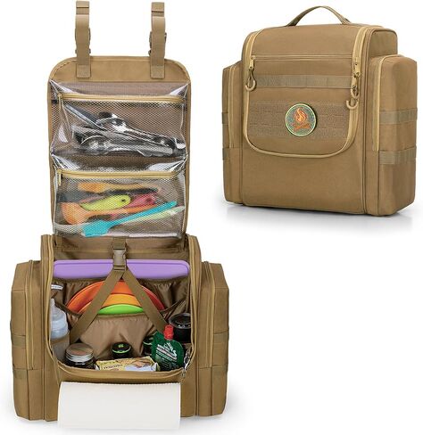 Large Tactical Camping Kitchen Organizer, Hanging Cookware Storage Bag with Paper Towel Holder & Multi Pockets, Portable Camp Utensil Organizer for Outdoor BBQ Cooking Essentials, Bag Only in Saudi Arabia