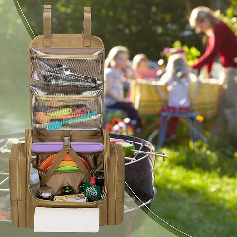 Large Tactical Camping Kitchen Organizer, Hanging Cookware Storage Bag with Paper Towel Holder & Multi Pockets, Portable Camp Utensil Organizer for Outdoor BBQ Cooking Essentials, Bag Only in Saudi Arabia