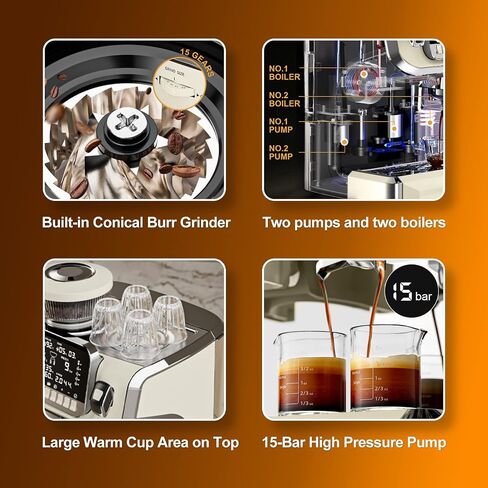 Mcilpoog AC510 15Bar Semi Automatic Espresso Machine With Grinder & Steam Wand,3-in-1 Compact Espresso Coffee Maker With 28 oz Removable Water Tank for Cappuccino or Latte, Gift for Dad, Mom or Wife in Saudi Arabia