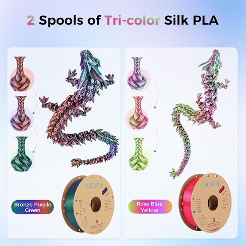 Sovol 3D Printer Silk Shiny Multicolored Fast Change Rainbow PLA 1kg (2.2 lbs) Spool 3D Printing Materials, Dimensional Accuracy +/- 0.03 mm, 1.75 mm, Purple Rainbow (5 Colors) in Kuwait