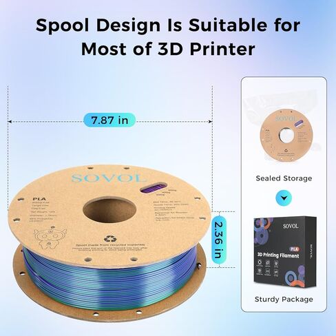 Sovol 3D Printer Silk Shiny Multicolored Fast Change Rainbow PLA 1kg (2.2 lbs) Spool 3D Printing Materials, Dimensional Accuracy +/- 0.03 mm, 1.75 mm, Purple Rainbow (5 Colors) in Kuwait