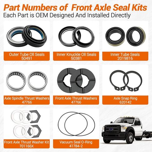 Front Axle Vaccum Knuckle & Tube Seal Kit Compatible with Ford 1998-2004 F250 F350 F450 F550 Super Duty Excursion Dana 50 60, Front Axle Seals, Front Axle Oil Seal Kit, Replace 50491, 50381, 41784-2 in Kuwait