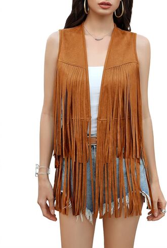 KOJOOIN Women's Fringe Vest 70s Hippie Faux Suede Rivets Sleeveless Costume Fringe Jacket Light Coffee 2XL in Kuwait