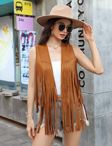 KOJOOIN Women's Fringe Vest 70s Hippie Faux Suede Rivets Sleeveless Costume Fringe Jacket Light Coffee 2XL in Kuwait