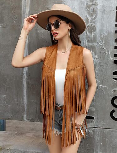 KOJOOIN Women's Fringe Vest 70s Hippie Faux Suede Rivets Sleeveless Costume Fringe Jacket Light Coffee 2XL in Kuwait