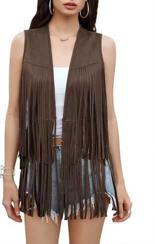 KOJOOIN Women's Fringe Vest 70s Hippie Faux Suede Rivets Sleeveless Costume Fringe Jacket Light Coffee 2XL in Kuwait