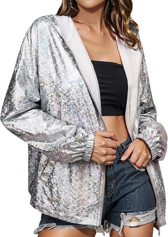 MYMORE Women's Sparkly Silver Hooded Jacket Glitter Metallic Top Zipper Hoodie Shirt Disco Rave Concert Outfit with Pockets in Saudi Arabia