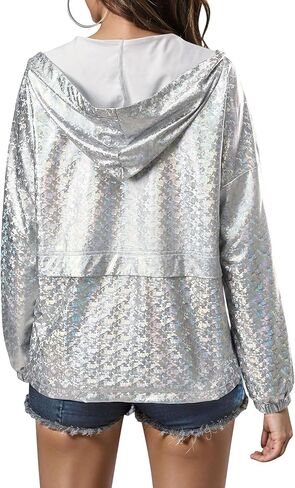 MYMORE Women's Sparkly Silver Hooded Jacket Glitter Metallic Top Zipper Hoodie Shirt Disco Rave Concert Outfit with Pockets in Saudi Arabia