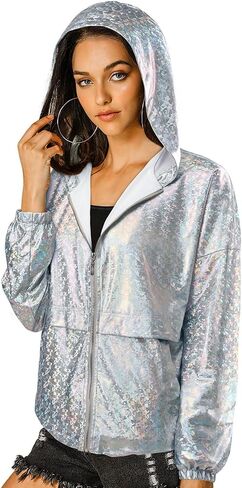MYMORE Women's Sparkly Silver Hooded Jacket Glitter Metallic Top Zipper Hoodie Shirt Disco Rave Concert Outfit with Pockets in Saudi Arabia