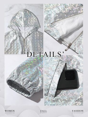 MYMORE Women's Sparkly Silver Hooded Jacket Glitter Metallic Top Zipper Hoodie Shirt Disco Rave Concert Outfit with Pockets in Saudi Arabia
