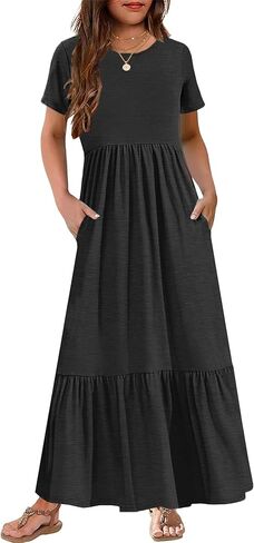 YOVION Girls Summer Maxi Dress Short Sleeve Crew Neck Casual Loose Flowy Tiered Dresses with Pockets for 6-12 Y in Kuwait