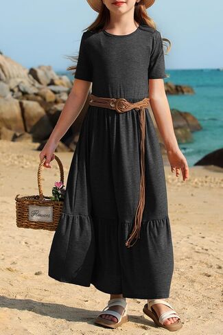 YOVION Girls Summer Maxi Dress Short Sleeve Crew Neck Casual Loose Flowy Tiered Dresses with Pockets for 6-12 Y in Kuwait