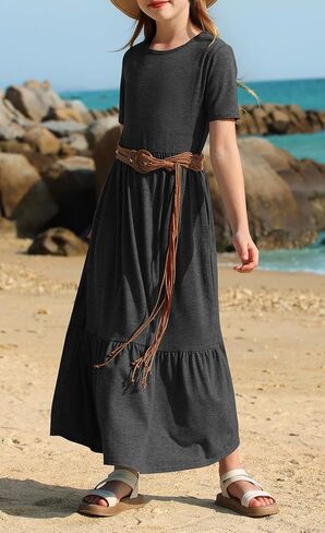 YOVION Girls Summer Maxi Dress Short Sleeve Crew Neck Casual Loose Flowy Tiered Dresses with Pockets for 6-12 Y in Kuwait