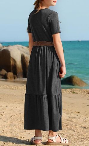 YOVION Girls Summer Maxi Dress Short Sleeve Crew Neck Casual Loose Flowy Tiered Dresses with Pockets for 6-12 Y in Kuwait