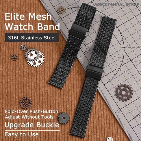 WOCCI Elite Metal Watch Band for Women and Men, Mesh Woven, 316L Stainless Steel, Quick Release, Upgraded Fold Clasp, Strap Width 14mm 16mm 18mm 20mm 22mm in Kuwait