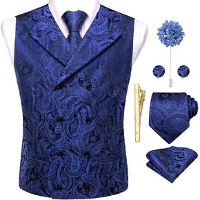 Hi-Tie Mens Silk Paisley Victorian Suit Vests Tie Set Lapel Pin Gold Tie Clip Double Breasted Steampunk Tuxedo Waistcoat