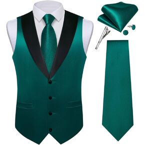 DiBanGu Mens Vest Formal Solid Color Waistcoat and Tie Pocket Square Set Satin Shawl Lapel Dress Vest Wedding Business