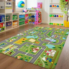 Kids Roommat Brug City Life رائعة لغرفة نوم غرفة اللعب- حصيرة غرفة غير قابلة للانزلاق (كبيرة- 5 × 7 أقدام)
